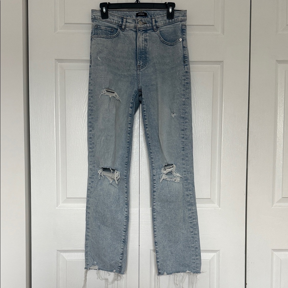 Express Women's Light Blue Distressed Straight Leg Jeans